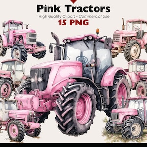 Pacote de clipart de trator rosa, veículo de fazenda fofo PNG, aquarela de trator rústico, fazenda rural rosa para impressão, impressão digital de trator de menina PNG