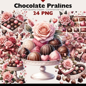 May include: A collection of 24 digital illustrations of chocolate pralines, roses, and gift boxes. The pralines are arranged on a white cake stand with pink roses and green leaves. The gift boxes are decorated with pink ribbons and hearts. The illustrations are in a cartoon style and are perfect for Valentine's Day or other special occasions.