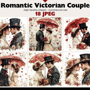 Victorian Valentines Day Clipart Bundle Romantic Couples Digital Download Vintage Graphics Love Scene JPEG Heart Decorations Commercial Use
