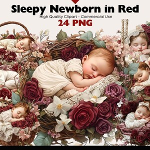 24 Noworodek w Koszykach Clipart Pakiet Śpiące Dziecko z Kwiatami PNG Akwarela Przedszkole Drukowane Czerwone Baby Shower Grafiki Cyfrowe Pobieranie