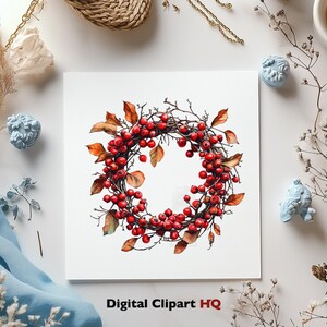 May include: A watercolor painting of a red berry wreath with brown branches and green leaves. The wreath is on a white background. The text "Digital Clipart HQ" is at the bottom of the image.