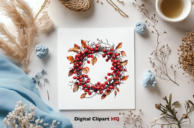 May include: A watercolor painting of a red berry wreath with brown branches and green leaves. The wreath is on a white background. The text "Digital Clipart HQ" is at the bottom of the image.