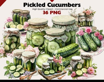 Pickled Cucumbers Clipart, 36 PNG Rustic Kitchen Preserves, Vintage Farmhouse Pantry Decor, Country Food Illustration Bundle, Glass Jar Art