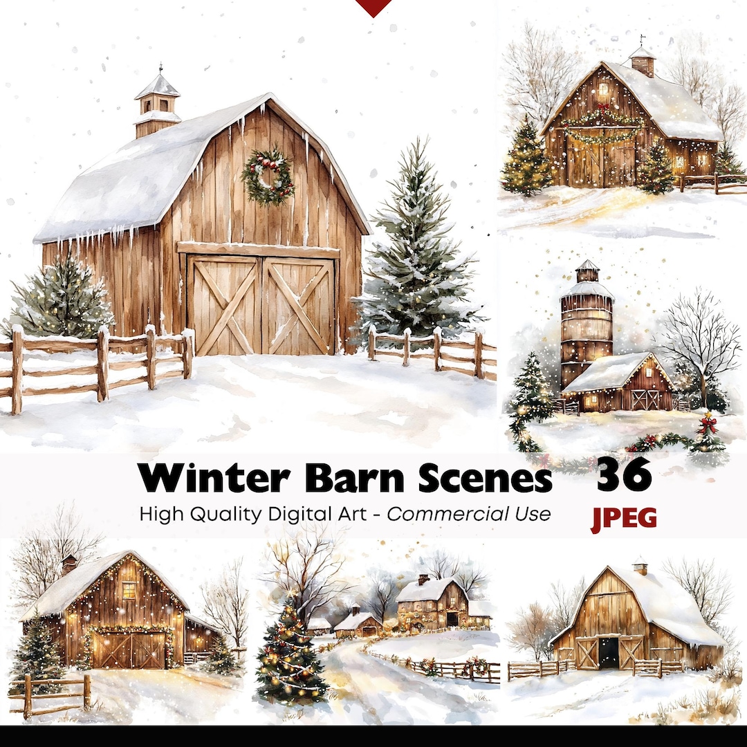 Winter Barn Clipart Bundle Snowy Landscapes Graphics Digital Download ...