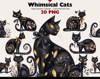 Whimsical Black Cat Clipart Bundle | Celestial Cat PNG with Gold Leaves | Mystical Cats for Halloween, Witchy Decor, and Scrapbooking