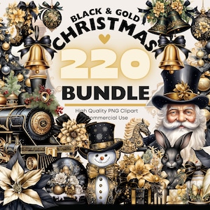Black And Gold Christmas Clipart Bundle Watercolor Christmas PNG Illustrations, Golden Christmas Graphics, Christmas PNG Instant Download