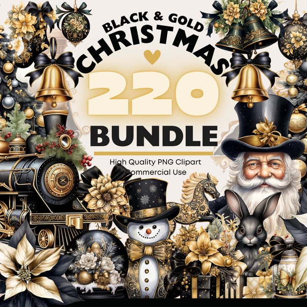 Black And Gold Christmas Clipart Bundle Watercolor Christmas PNG Illustrations, Golden Christmas Graphics, Christmas PNG Instant Download