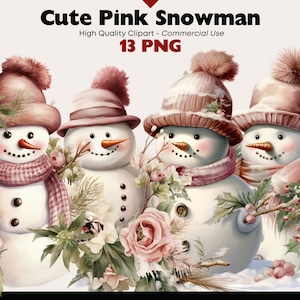 Pink Snowman Clip Art Bundle, Watercolor Snowman PNG, Frosty the Snowman Illustration, Christmas Digital Images, Cute Character Winter PNG