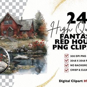 May include: Watercolor illustration of a red house with a stone path leading to the entrance. The image includes a pond with lily pads and flowers. Text reads "24 High Quality Fantasy Red Houses PNG Clipart."