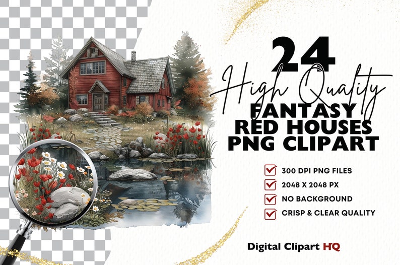 May include: Watercolor illustration of a red house with a stone path leading to the entrance. The image includes a pond with lily pads and flowers. Text reads "24 High Quality Fantasy Red Houses PNG Clipart."
