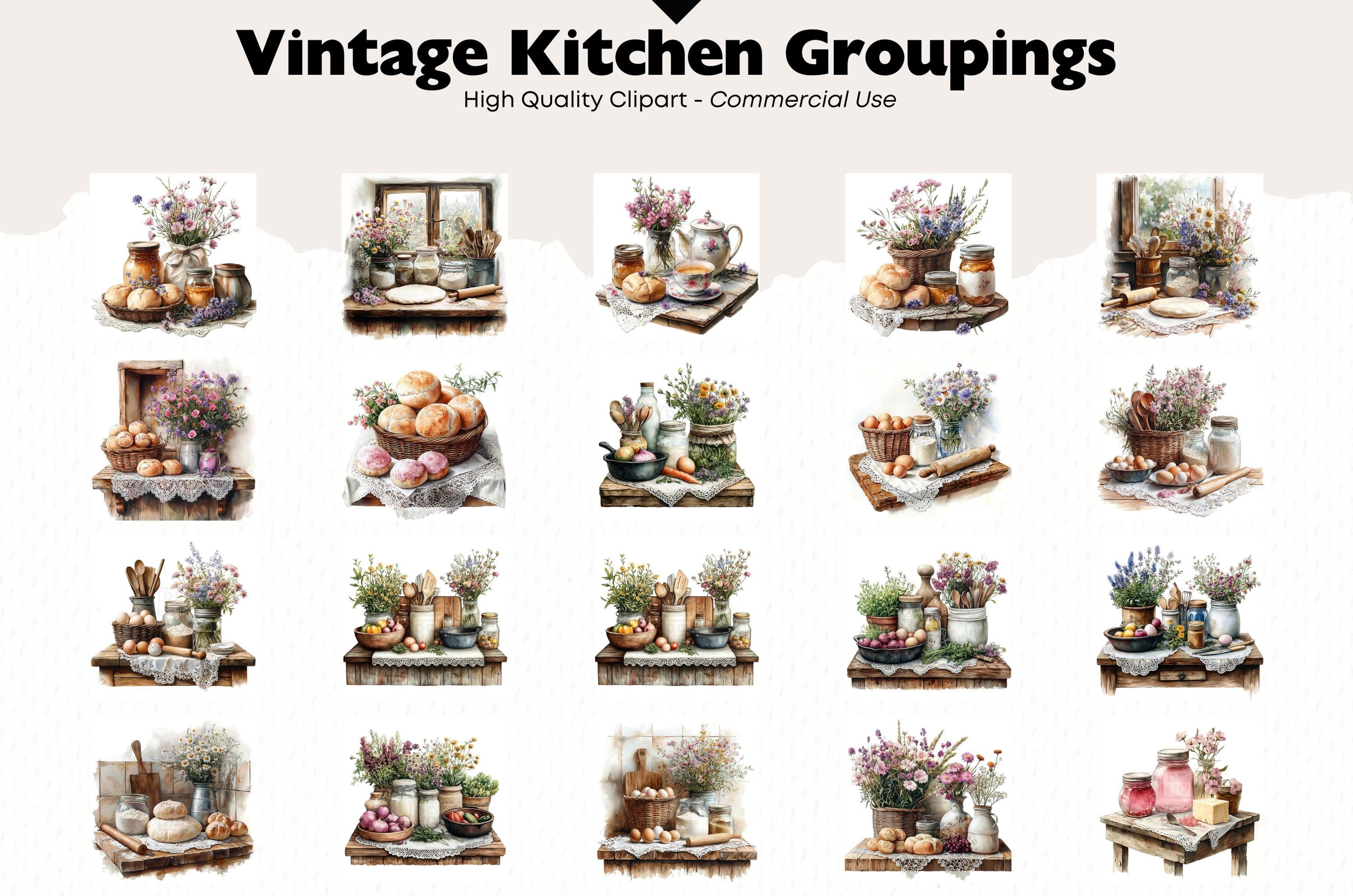 vintage floral kitchen scene clipart set graphic by... Vintage Rustic Kitchen Scenes Clipart Bundle Romantic Baking Digital ...