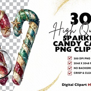 May include: 30 high-quality PNG clipart images of sparkly candy canes. Each image is 2048 x 2048 pixels, 300 DPI, and has no background.