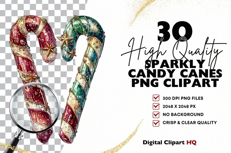 May include: 30 high-quality PNG clipart images of sparkly candy canes. Each image is 2048 x 2048 pixels, 300 DPI, and has no background.