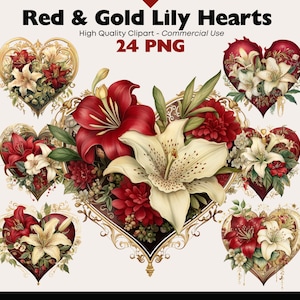 Red And Gold Heart Clipart Bundle, Floral Heart PNG, Watercolor Hearts Illustrations, Holiday Flower PNG Invitation Heart Graphics