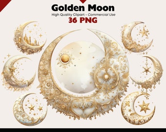 Gold Moon Clipart Set, Whimsical Moon Wall Art, Golden Moon Watercolor, Lunar Clipart Bundle, Celestial Lunar, Magical Junk Journal PNG,