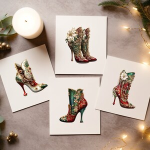 May include: Four cards with illustrations of red and green high-heeled boots with gold embellishments and floral accents.