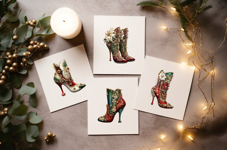 May include: Four cards with illustrations of red and green high-heeled boots with gold embellishments and floral accents.