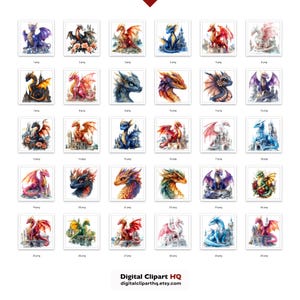 May include: A collection of 30 square digital art prints featuring watercolor illustrations of dragons. Each dragon is depicted in various colors, poses, and settings, some with castles. The prints are arranged in a grid, with the text "Digital Clipart HQ" and a website address at the bottom.