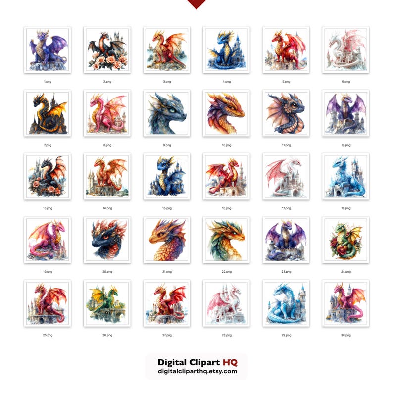 May include: A collection of 30 square digital art prints featuring watercolor illustrations of dragons. Each dragon is depicted in various colors, poses, and settings, some with castles. The prints are arranged in a grid, with the text "Digital Clipart HQ" and a website address at the bottom.