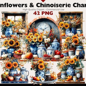 Puede incluir: Ilustración en acuarela con girasoles, calabazas y jarrones y tarros de porcelana china azul y blanca. La imagen incluye el texto "Sunflowers & Chinoiserie Charm" y "42 PNG". El tema general es el otoño y la cosecha.