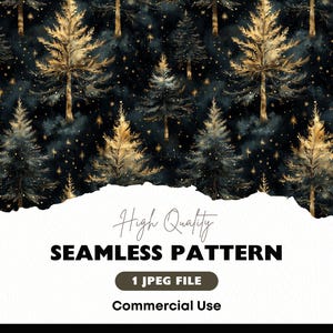May include: Seamless pattern featuring a repeating design of gold and dark green trees against a black background with gold stars. The pattern is ideal for use in digital and printed projects.