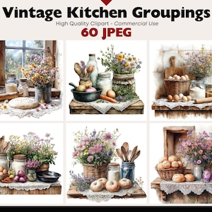 Vintage Rustic Kitchen Scenes Clipart Bundle Romantic Baking Digital Download Cottagecore JPEG Farmhouse Kitchen Graphics Commercial Use