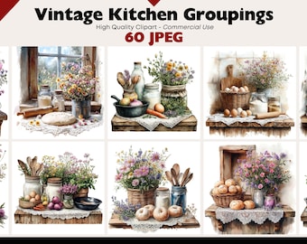 May include: A collection of vintage kitchen groupings with floral arrangements, jars, and other kitchen items. The items are arranged on wooden shelves with lace doilies. The image is a watercolor painting.