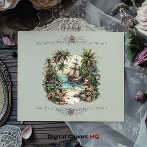 May include: A digital illustration of a ship sailing into a tropical lagoon surrounded by palm trees and lush greenery. The image is framed with a decorative border and the text "Digital Clipart HQ" is at the bottom.