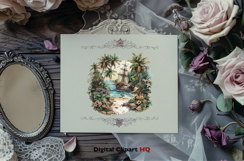 May include: A digital illustration of a ship sailing into a tropical lagoon surrounded by palm trees and lush greenery. The image is framed with a decorative border and the text "Digital Clipart HQ" is at the bottom.