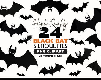 Black Bat Silhouette Clipart PNG, Halloween Flying Bat Graphics, Gothic Horror Elements, Spooky Decoration Art Digital Download Paper Crafts