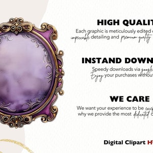 Puede incluir: Un marco adornado en p&uacute;rpura y dorado con un fondo de acuarela. El texto "HIGH QUALITY", "INSTAND DOWNLOAD", "WE CARE" y "Digital Clipart HQ" es visible.