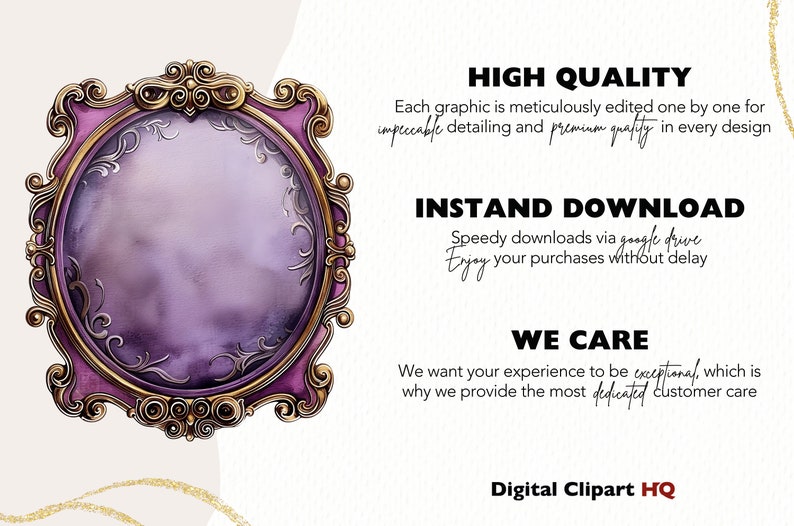 Puede incluir: Un marco adornado en p&uacute;rpura y dorado con un fondo de acuarela. El texto "HIGH QUALITY", "INSTAND DOWNLOAD", "WE CARE" y "Digital Clipart HQ" es visible.