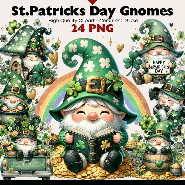 St. Patricks Day Gnomes Clipart Bundle, St. Paddy’s Day Watercolor, Cute Irish Gnome Printable, Lucky Leprechaun Gnomes PNG Digital Download