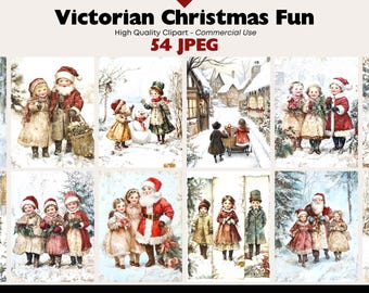 Victorian Christmas Kids Clipart, Vintage Winter Children Art, Nostalgic Holiday Scenes JPEG, Retro Christmas Printable, Old Fashioned Xmas