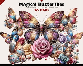 Magical Butterflies Clipart Bundle, Fantasy Butterfly PNG, Sparkly Butterfly Watercolor Illustrations, Printable Butterfly Digital Downlad