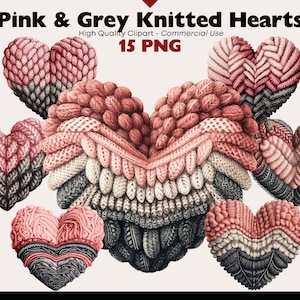 Tricot rose Style coeur Clipart, coeurs à tricoter PNG, coeur rose et gris aquarelle amour illustration, coeurs en laine PNG téléchargement numérique