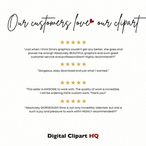 Puede incluir: Un fondo blanco con el texto "Our customers love our clipart" en fuente cursiva negra. Debajo del texto hay cuatro rese&ntilde;as de clientes con calificaciones de cinco estrellas y citas sobre la calidad del clipart y el servicio del vendedor. El texto "Digital Clipart HQ" est&aacute; en la parte inferior de la imagen.