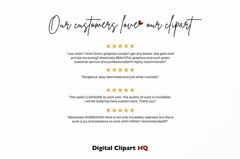 Puede incluir: Un fondo blanco con el texto "Our customers love our clipart" en fuente cursiva negra. Debajo del texto hay cuatro rese&ntilde;as de clientes con calificaciones de cinco estrellas y citas sobre la calidad del clipart y el servicio del vendedor. El texto "Digital Clipart HQ" est&aacute; en la parte inferior de la imagen.