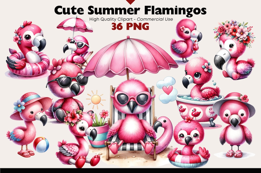 Cute Flamingo Clipart Bundle Tropical Animal Digital Download PNG ...