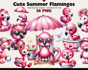 Cute Flamingo Clipart Bundle Tropical Animal Digital Download PNG Summer Graphics Commercial Use Watercolor Papercrafts Scrapbooking