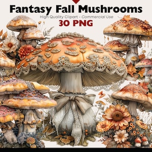 Bundle de cliparts champignon fantastique, aquarelle d'agaric de mouche fantastique, téléchargement numérique de champignons de conte de fées PNG, créations en papier, scrapbooking d'automne