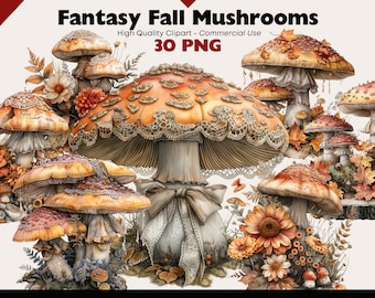 Fantasy Mushroom Clipart Bundle, Fantasy Fly Agaric Watercolor, Fairy Tale Mushroom PNG Digital Download, Paper Crafts, Fall Scrapbooking