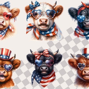 May include: Six adorable Highland cattle wearing red, white, and blue patriotic accessories, including heart-shaped sunglasses, bandanas, and hats. The cattle are looking directly at the camera with a playful expression.