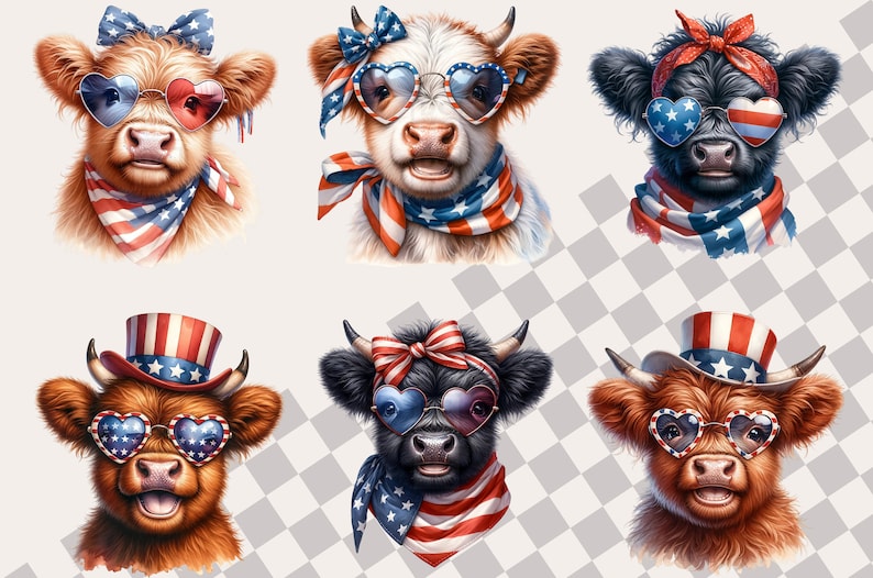 May include: Six adorable Highland cattle wearing red, white, and blue patriotic accessories, including heart-shaped sunglasses, bandanas, and hats. The cattle are looking directly at the camera with a playful expression.