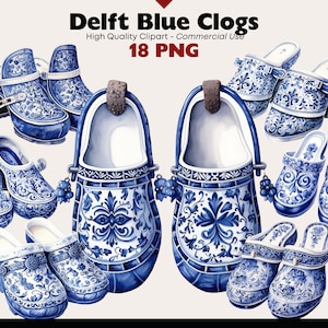 Paquete de imágenes prediseñadas de zuecos azules de Delft, zuecos holandeses PNG, ilustraciones de acuarela holandesas tradicionales, gráfico de descarga digital PNG de Delftware