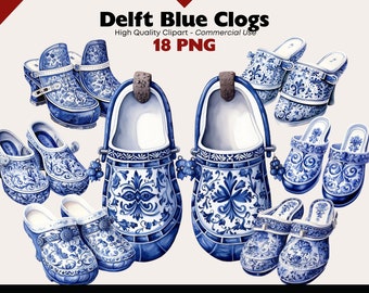 Delfter Blau Clogs Clipart Bundle, Holländische Clogs PNG, Traditionelle Holländische Aquarell Illustrationen, Delfter Blau PNG Digital Download Grafik