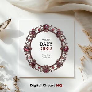May include: A white card with a red and gold jeweled crown design. The text on the card reads "Leo & Rose are having a Baby Girl! Baby Shower August 23, 2020".