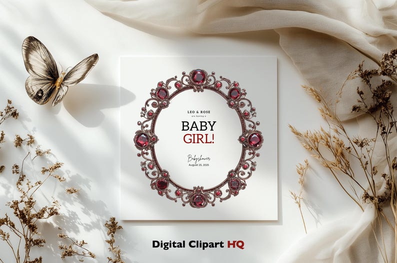 May include: A white card with a red and gold jeweled crown design. The text on the card reads "Leo & Rose are having a Baby Girl! Baby Shower August 23, 2020".
