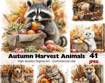 Paquete de imágenes prediseñadas de animales del bosque otoñal. Imágenes JPG de cosecha otoñal para manualidades, álbumes de recortes, pegatinas, invitaciones y arte por sublimación.