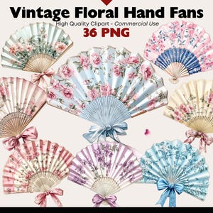 Floral Hand Fan Clipart – 36 PNG Vintage Fans with Bows And Flowers for Junk Journals, Wedding Invitations, Paper Crafts & Scrapbooking